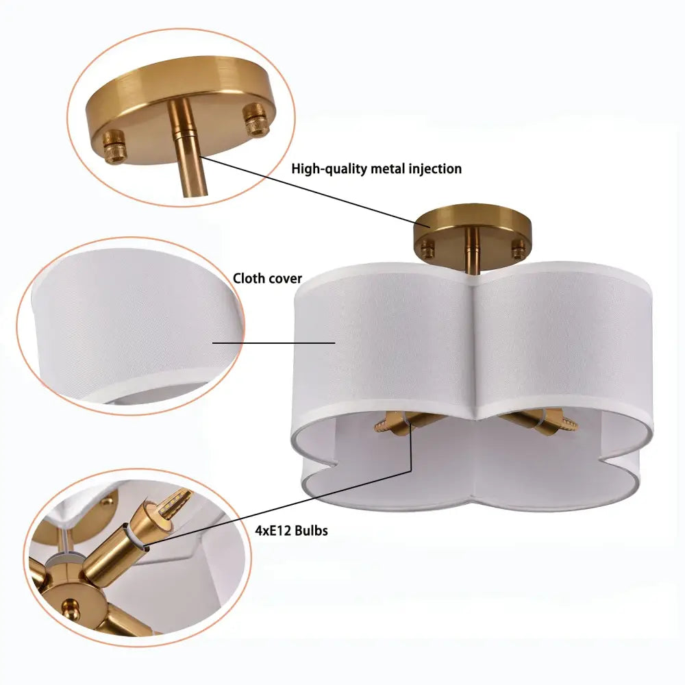 Decorbites™ elegant 4-light gold ceiling fixture with white cloth shade and gold metal base light fixture
