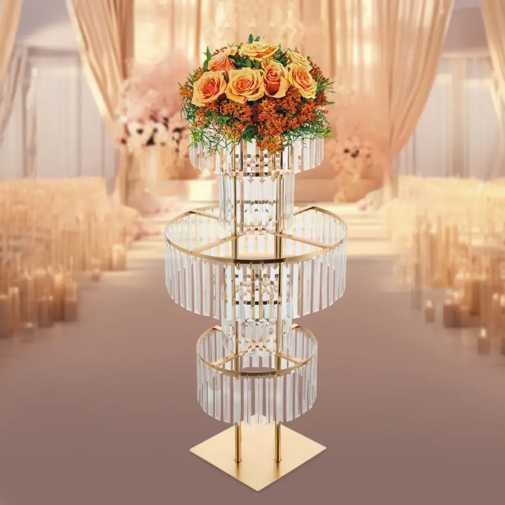 DecorBites™ elegant gold wedding flower stand with three-tiered crystal display and metal frames holding orange roses