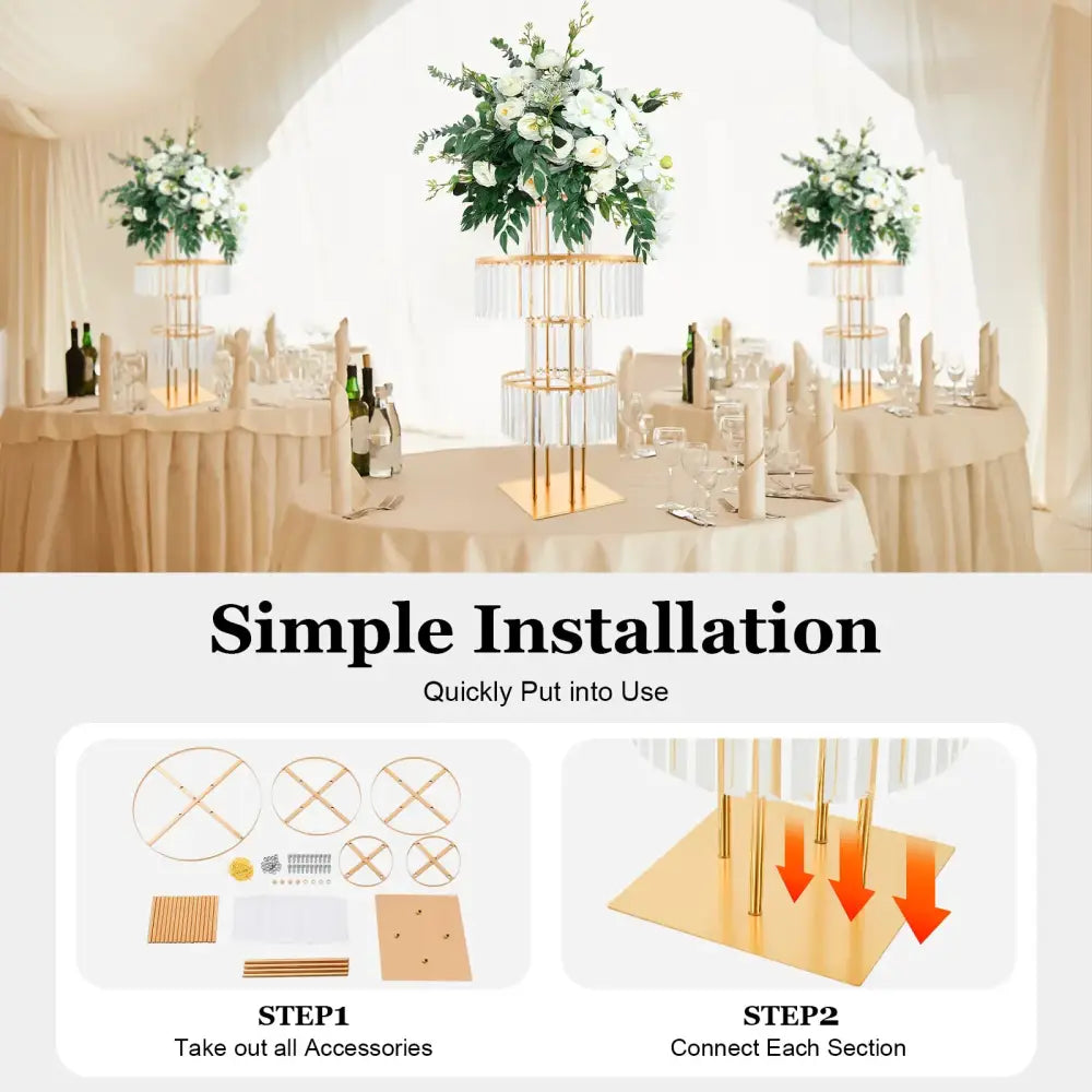 Decorbites elegant 5-tier gold wedding flower stand with modern geometric frame and clear acrylic cascading elements