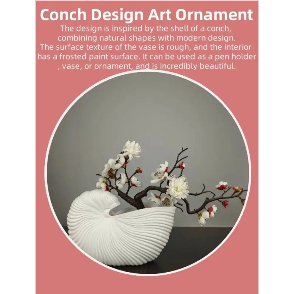 Decorbites™ elegant ceramic vase with white shell conch design featuring rough ridged exterior and frosted interior