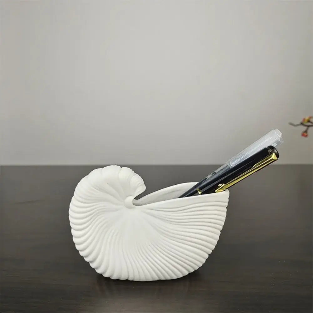 Decorbites™ elegant ceramic vase white shell conch design serving as a nautilus shell-shaped pen holder