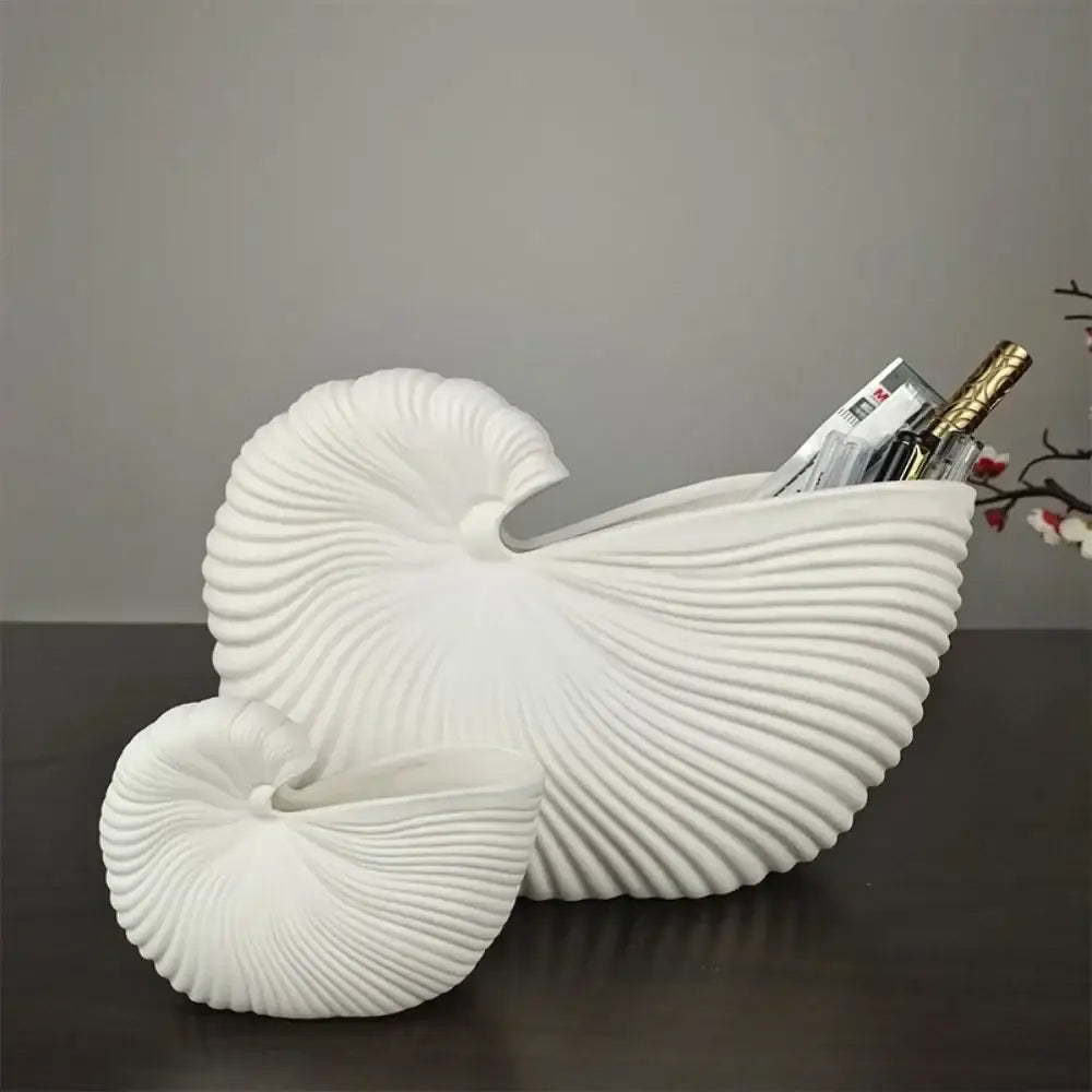 Decorbites™ elegant ceramic vase shell conch design white ribbed seashell organizer holding magazines and pens