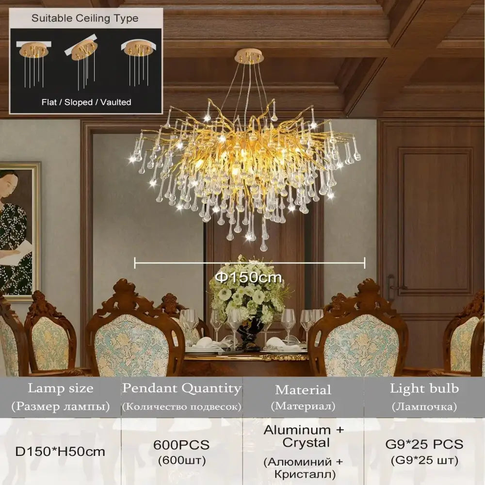 Gold-toned crystal chandelier with cascading pendants and aluminum frame for elegant chrome crystal chandelier decor