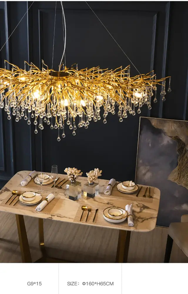 Golden branch-style crystal chandelier with dangling droplets in elegant chrome crystal chandelier for living room