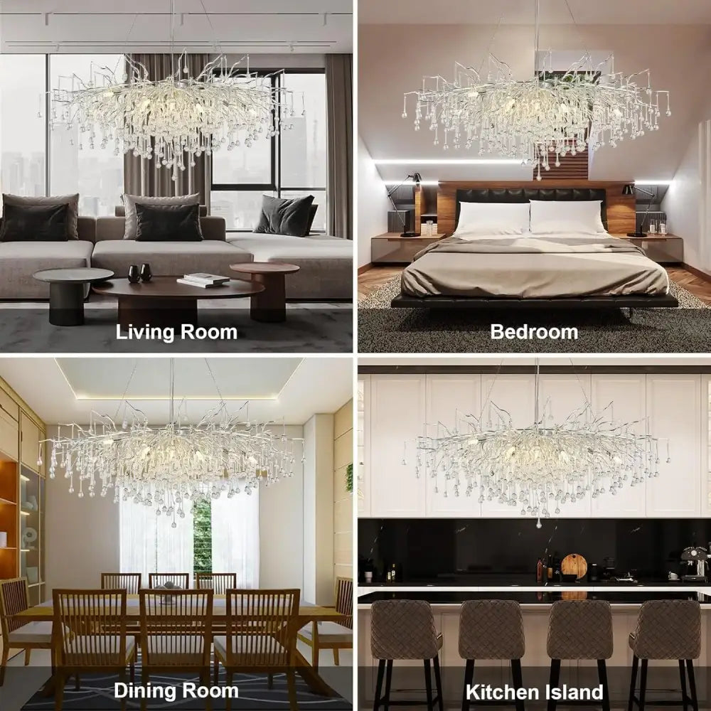 Decorbites™ elegant chrome crystal chandelier with modern branching design and dangling glass elements for living room