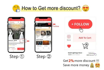 Red oval-shaped follow button with white text and hand cursor icon for decorbites elegant chrome crystal chandelier living room lamp package