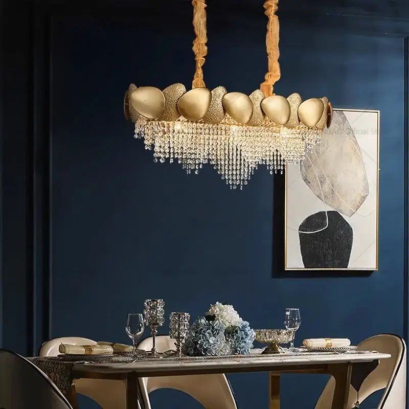 Decorbites elegant crystal gold tiered living room light with egg-shaped fixtures and cascading crystal droplets chandelier