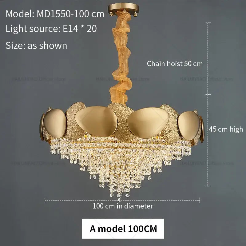 Gold-toned decorbites elegant crystal chandelier with textured metallic plates and cascading crystal droplets for living room light