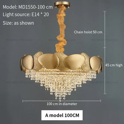 Gold-toned decorbites elegant crystal chandelier with textured metallic plates and cascading crystal droplets for living room light