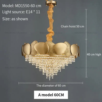 Gold-toned decorbites elegant crystal chandelier with textured shell-like tiered design and cascading crystal droplets for living room lighting