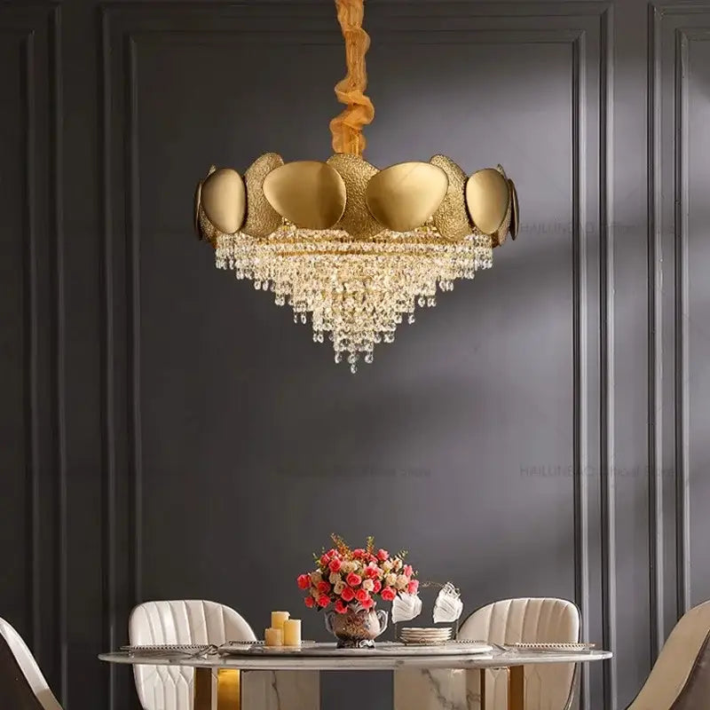 Decorbites elegant crystal gold-toned chandelier with sculptural petals and cascading crystal droplets for living room