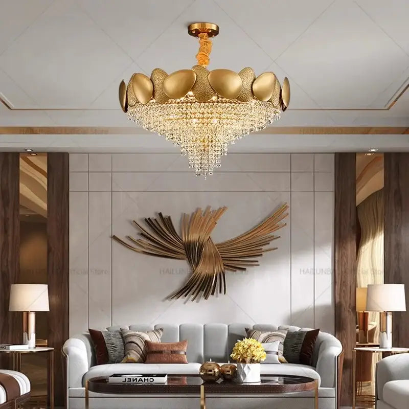 Decorbites elegant crystal gold chandelier with leaf-inspired design and cascading crystal droplets for living room lighting
