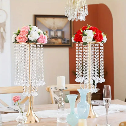 Decorbites™ elegant crystal flower stand set features gold-toned crystal flower centerpieces with cascading beads and floral arrangements