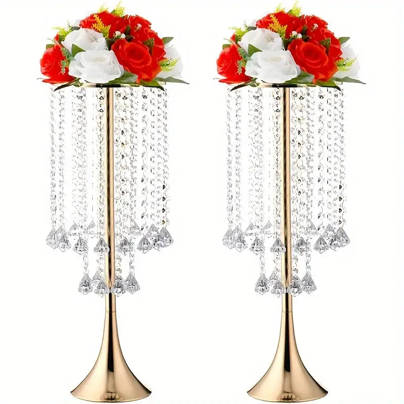 Gold-toned crystal flower stand centerpiece with cascading clear beads and red and white floral arrangements for events