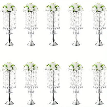 Silver crystal flower stand centerpiece with dangling clear beads and white artificial roses for elegant events