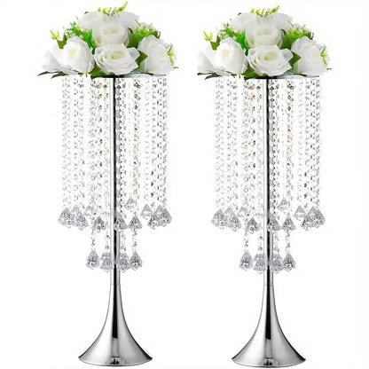 DecorBites™ elegant silver crystal flower stand with cascading beads and white artificial roses for event decor