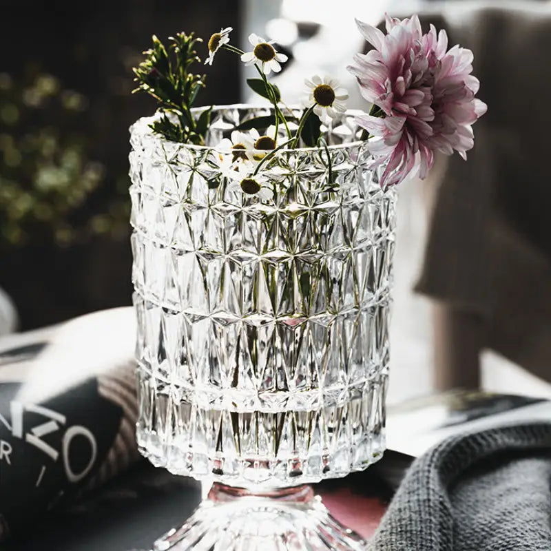 DecorBites™ elegant crystal glass vase with clear faceted design and fluted base for flower arrangement