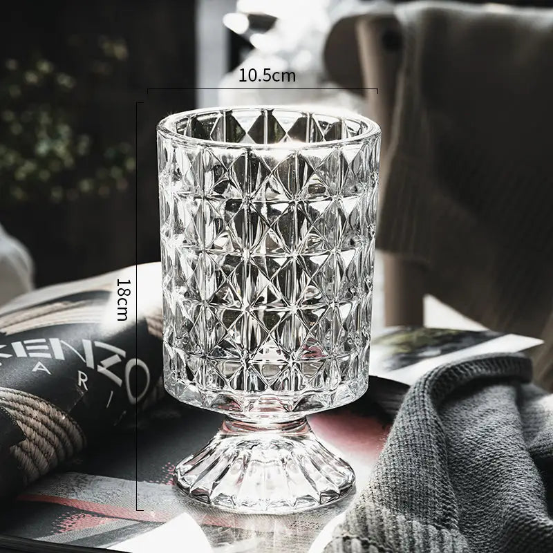 DecorBites elegant crystal glass vase with faceted diamond pattern and fluted base for flower arrangement