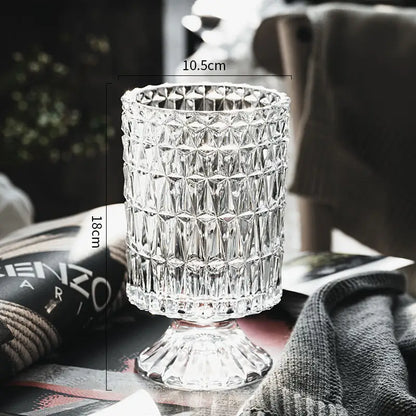 DecorBites™ elegant clear crystal glass vase with faceted geometric pattern and fluted pedestal base for flower arrangement