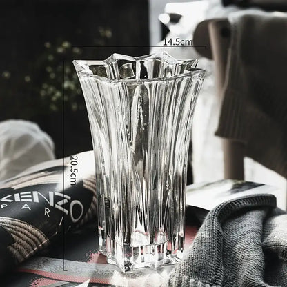 DecorBites™ elegant crystal glass vase with fluted faceted design and star-shaped rim for flower arrangement