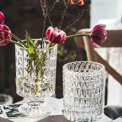 DecorBites™ elegant crystal glass vase with a faceted geometric pattern and pedestal base for flower arrangement