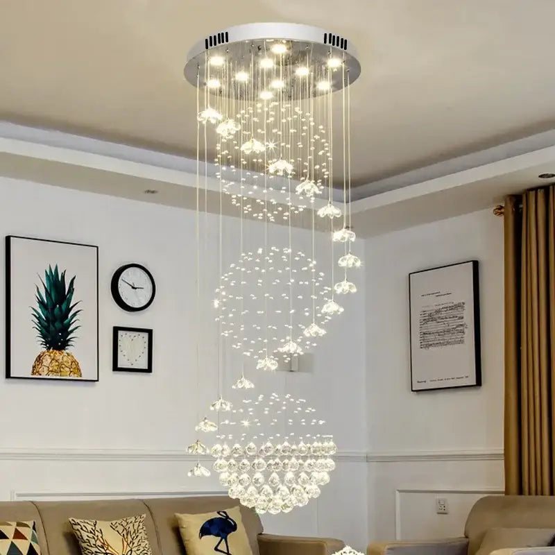 A decorbites elegant crystal multi-tiered chandelier with clear glass beads and warm led lights for high ceiling rooms