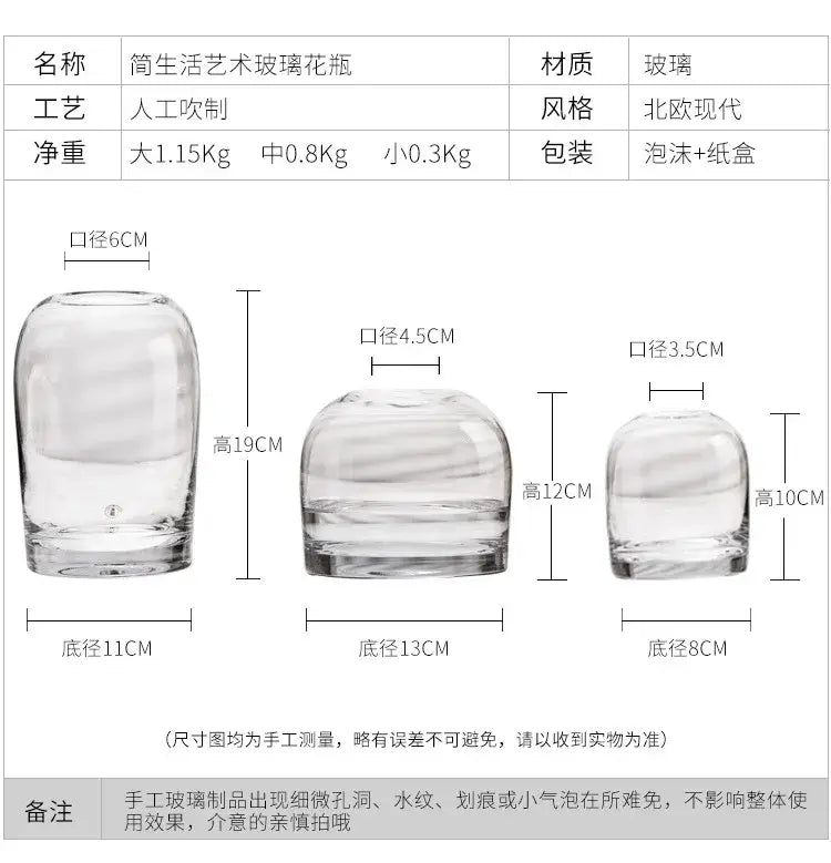 Decorbites™ elegant european ins clear hand-blown glass flower vase with rounded body and sturdy base in three sizes