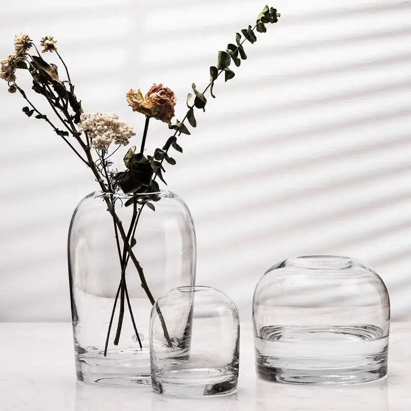 Clear glass flower vase with rounded bulbous body and thick base by decorbites elegant european ins collection