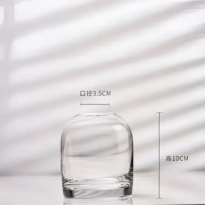 DecorBites™ elegant european glass flower vase with clear rounded body and flat base 10 cm tall and 3.5 cm diameter top