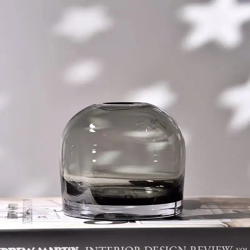 DecorBites™ elegant European INS glass flower vase with sleek translucent gray glass and clear rounded dome base