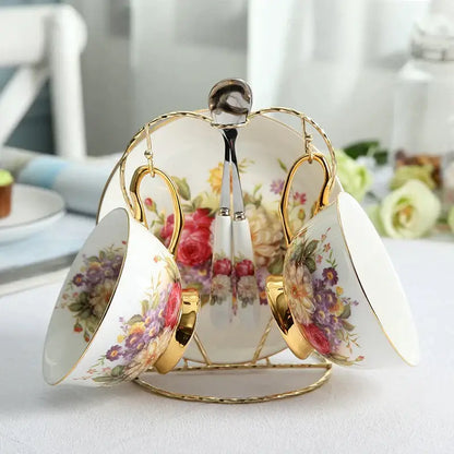 Decorbites elegant floral bone china tea cup set with white porcelain cups pink purple yellow patterns gold rims handles