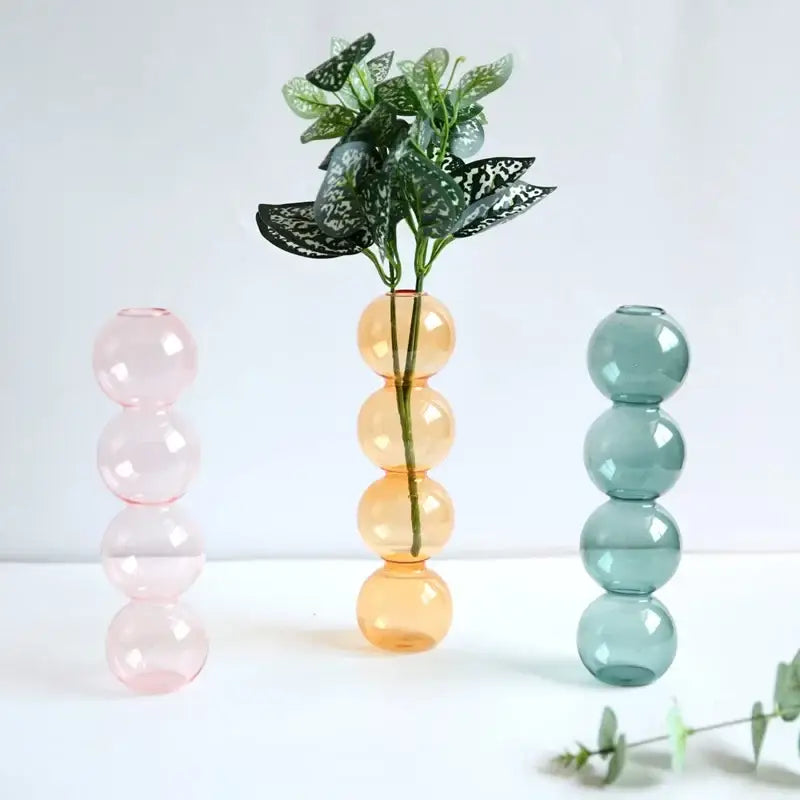 Decorbites™ elegant glass vase home decor accent featuring pastel pink amber and teal stacked spherical glass vase