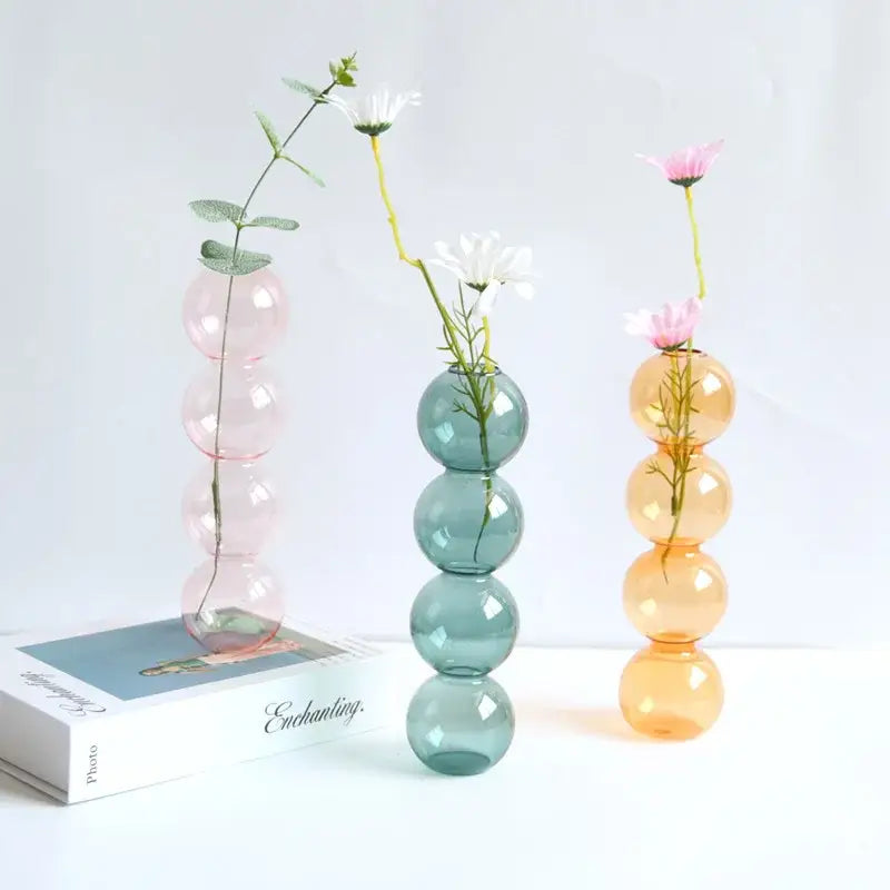 DecorBites™ elegant glass vase set with three stacked pastel pink teal green and amber orange home decor spheres