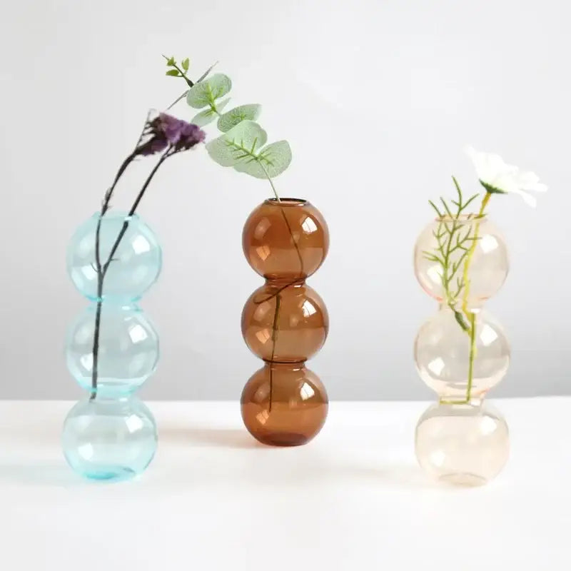 DecorBites™ elegant glass vase set with three stacked translucent blue amber and pale pink hues for home decor