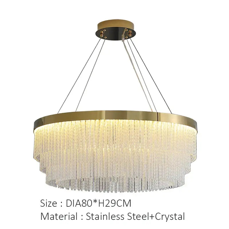DecorBites™ elegant gold crystal chandelier with modern gold luster stainless steel frame and cascading crystal strands