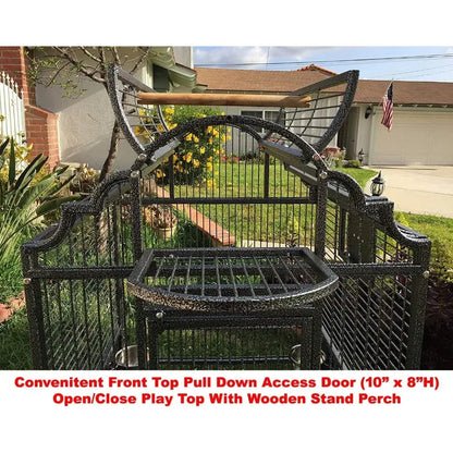 DecorBites™ elegant large wrought iron bird cage in black with ornate speckled finish and wooden perch for parrots