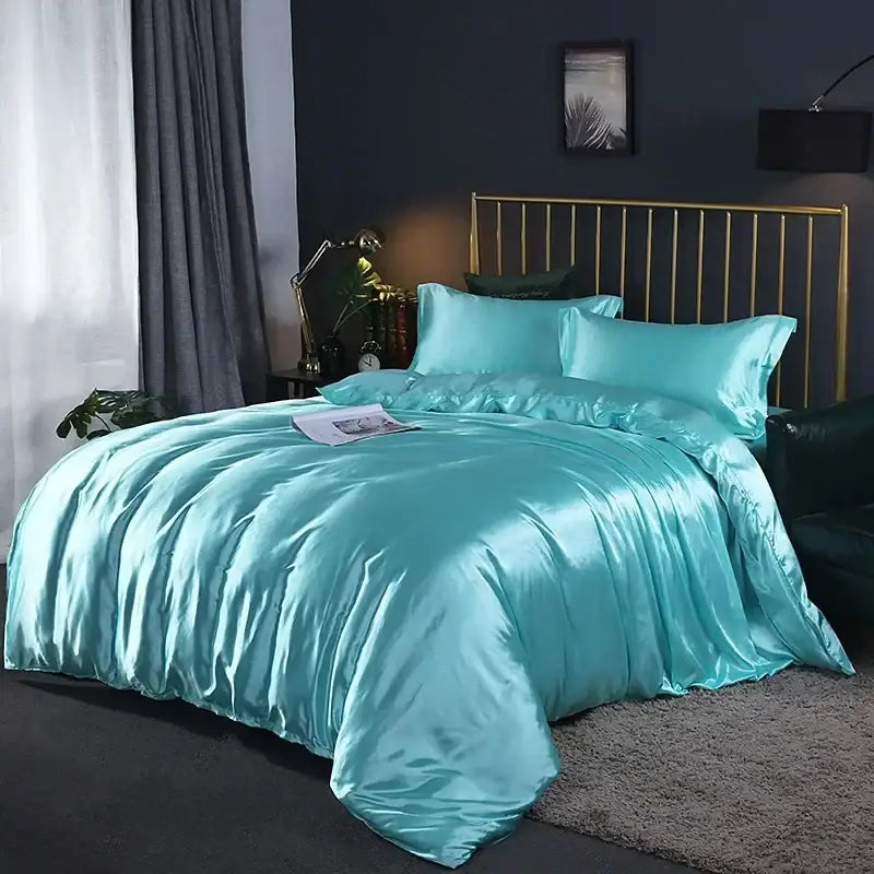 DecorBites™ elegant luxury turquoise satin bed sheet and duvet cover set with matching pillows and smooth glossy texture