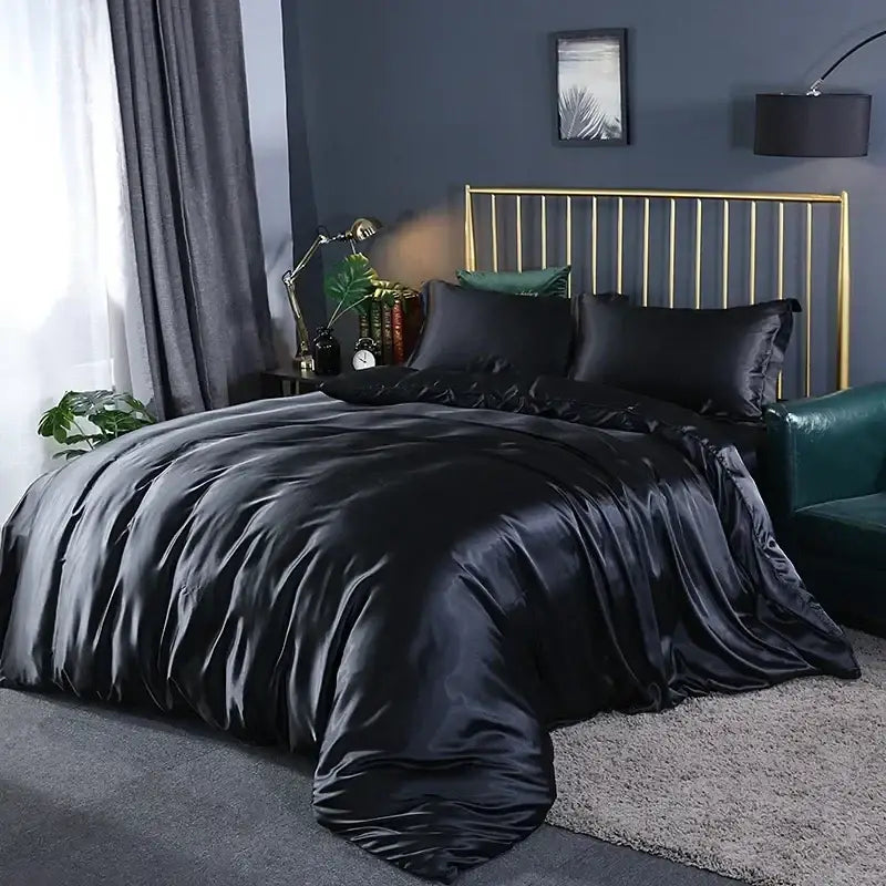DecorBites elegant luxury black satin duvet cover set pcs suitable with smooth glossy finish for width bed use