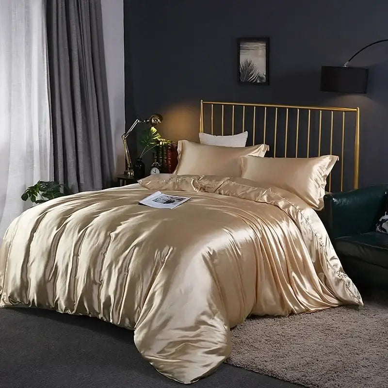 Decorbites™ elegant luxury bedding ensemble glossy gold satin duvet cover set with matching pcs suitable for width bed