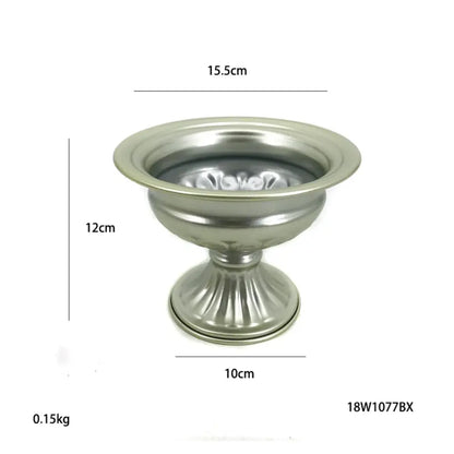 Silver metallic pedestal bowl with fluted base and decorative inner rim for decorbites metal flower vase candle holders