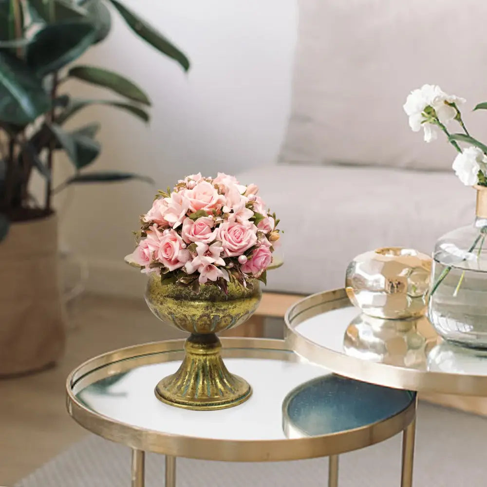 DecorBites™ elegant metal flower vase candle holder in gold with embossed detailing holds pink roses and white blossoms