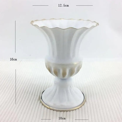 DecorBites white ceramic flower vase with fluted scalloped rim and gold-trimmed base metal flower vase design