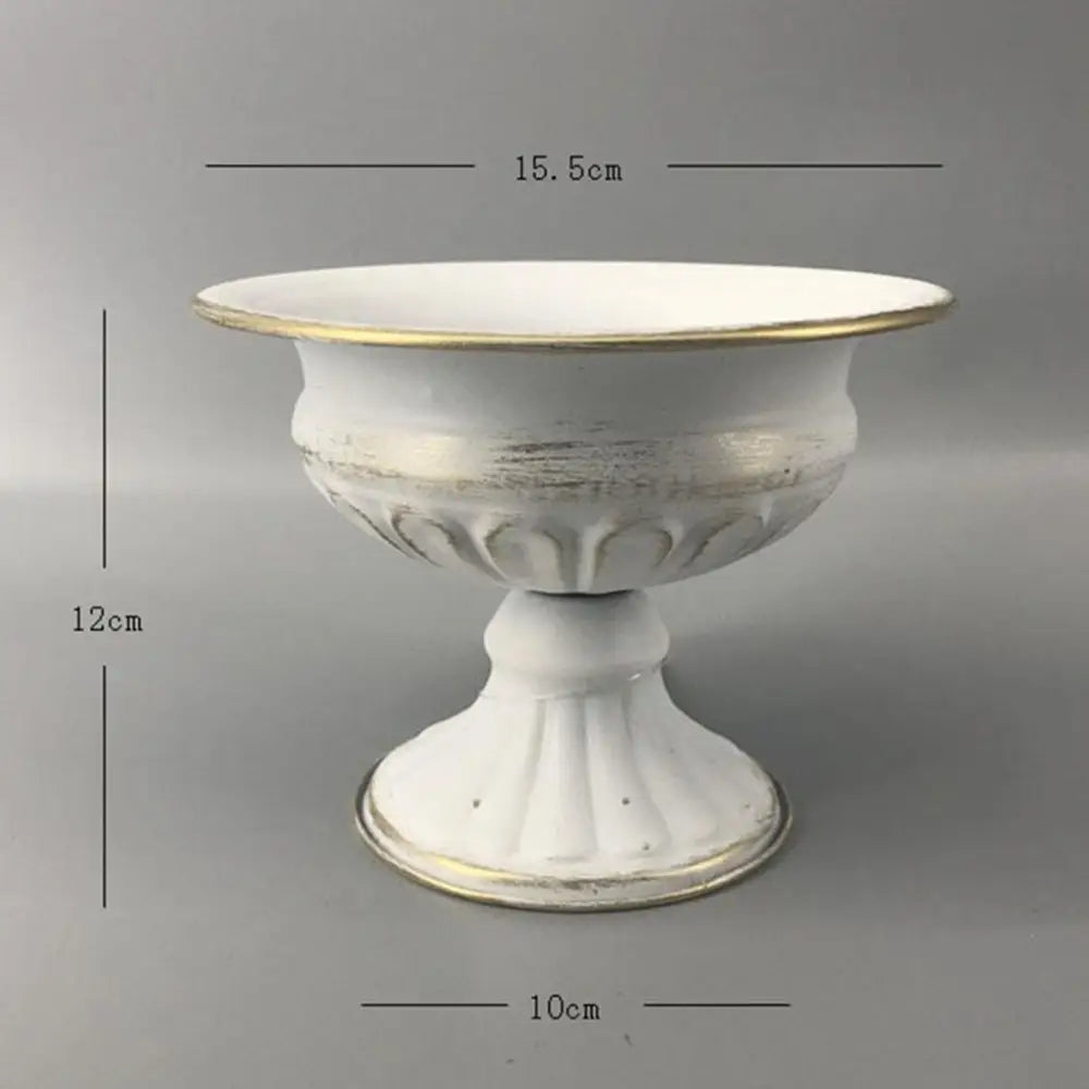 DecorBites™ white distressed ceramic pedestal bowl with gold trim ideal as an elegant metal flower vase or candle holder
