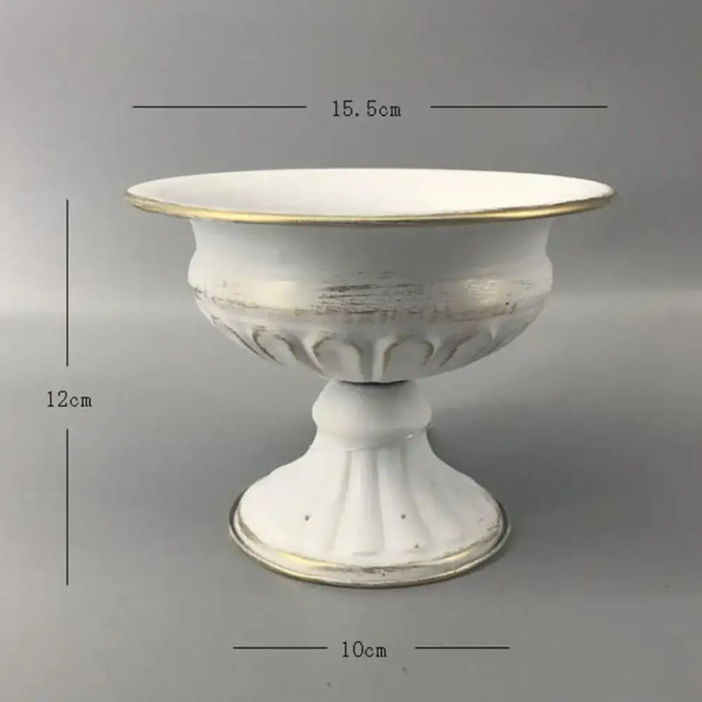 White distressed ceramic pedestal bowl with gold-trimmed rim and base in decorbites elegant metal flower vase collection