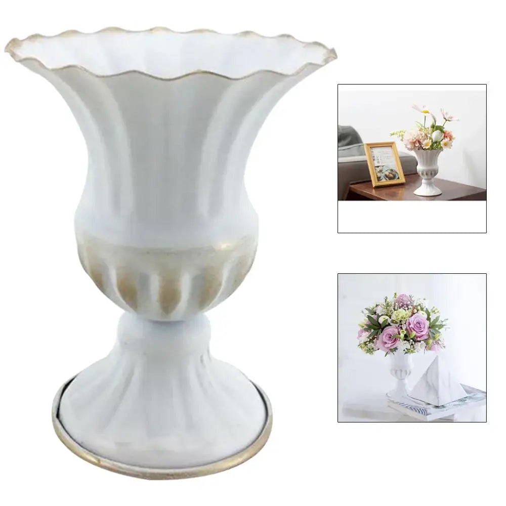 Decorbites™ elegant metal flower vase featuring a white fluted ceramic design with scalloped rim and gold-toned accents