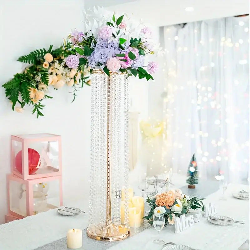 DecorBites™ elegant metal vase tall crystal centerpiece with gold-toned frame and cascading clear beads for wedding decor