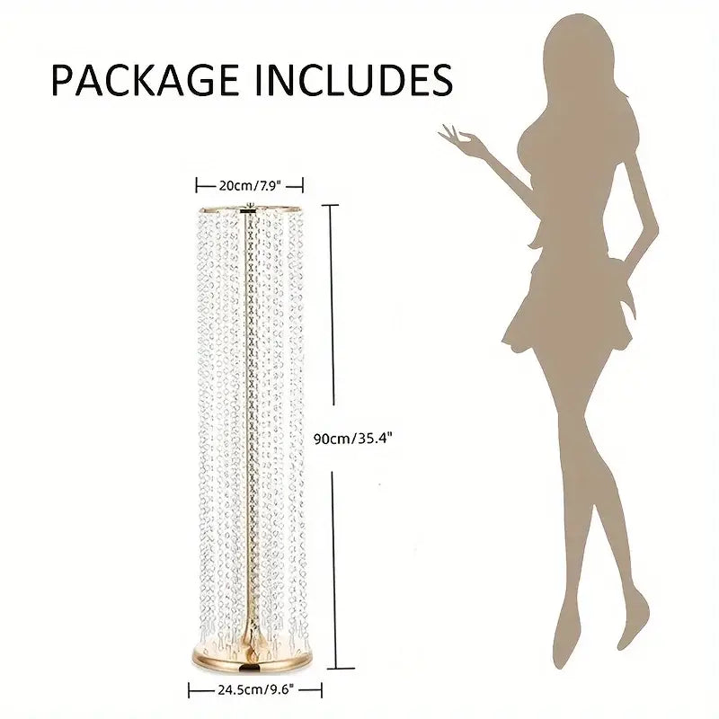 A tall elegant crystal chandelier with gold toned base complements decorbites elegant metal vases for wedding decor