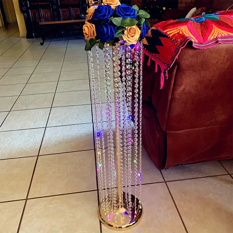 Decorbites™ elegant metal vases featuring a tall crystal centerpiece with gold base, clear beads, and colorful led lights