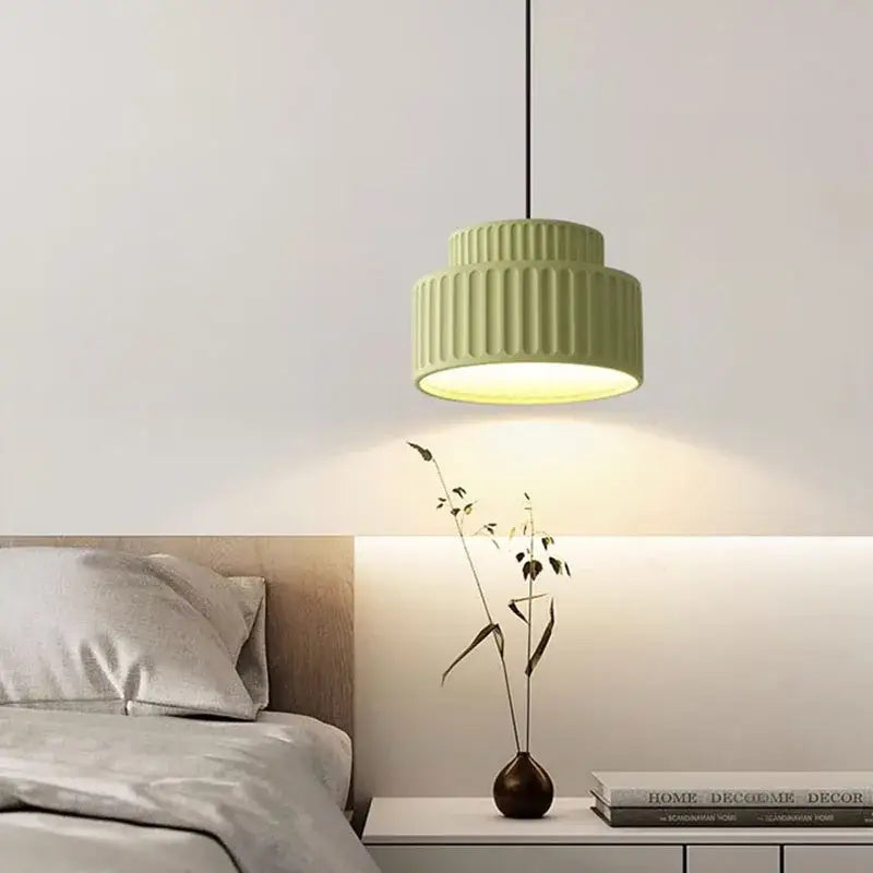 Decorbites elegant resin sage green ribbed pendant light features a tiered matte finish ideal for dining room decor