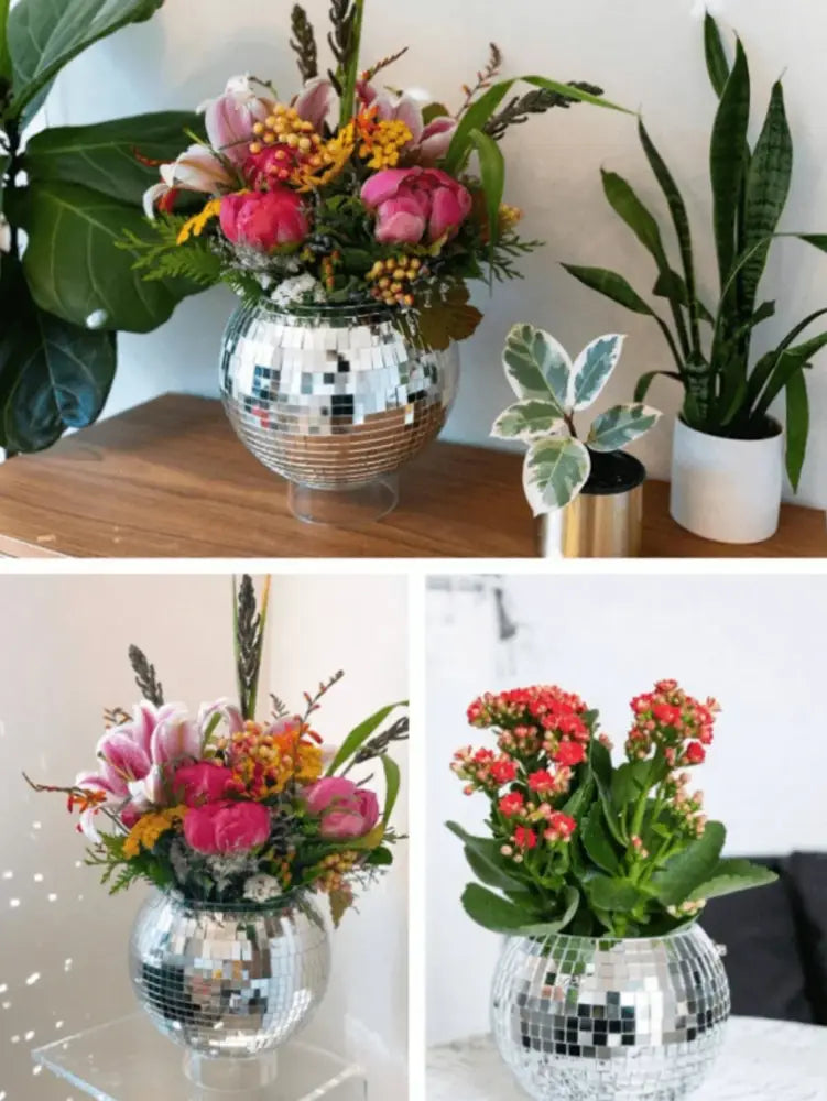 DecorBites™ elegant round glass vase with reflective disco ball design filled with vibrant pink yellow and orange flowers